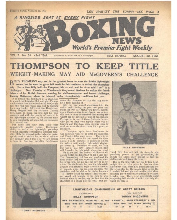 Boxing News magazine 22.8.1951 Download pdf