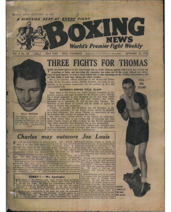 Boxing News magazine 20.9.1950 Download pdf